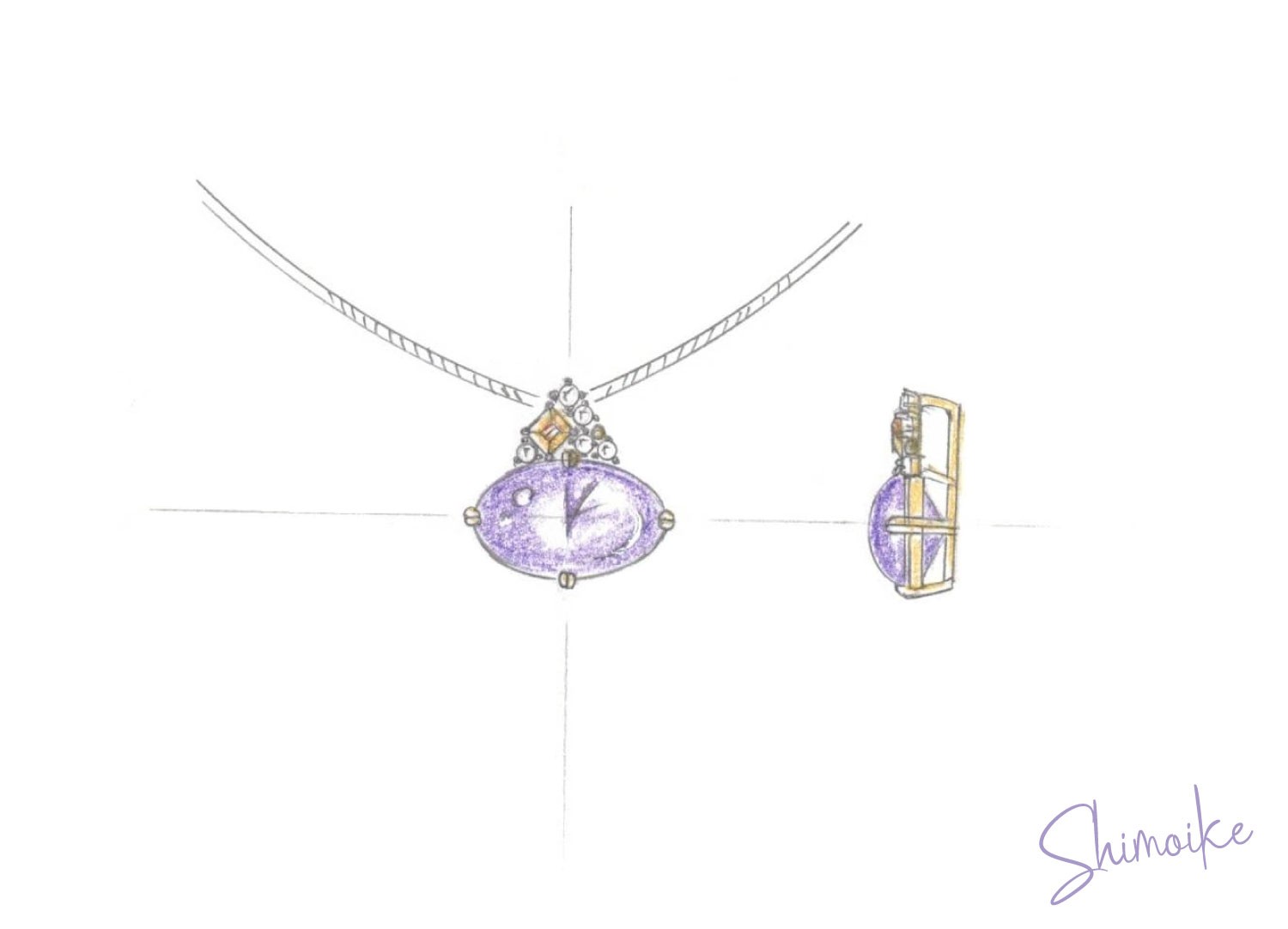 デザイン画　紫色石と黄色石のペンダント